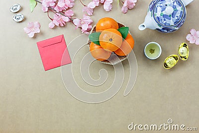 Overhead of top decorations Chinese New Year festive background Stock Photo
