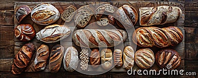 Overhead top down view of a collection of different types of bread displayed on a rustic wooden Stock Photo