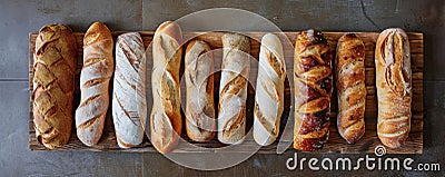 Overhead top down view of a collection of different types of bread displayed on a rustic wooden Stock Photo