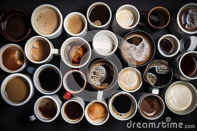 Overhead top view of lots of different cups of coffee. Generative ai Stock Photo