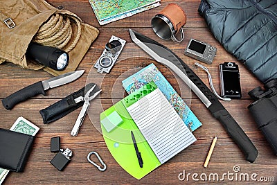 Overhead Travel Backpacking Necessary Items On Grunge Wood Floor Stock Photo