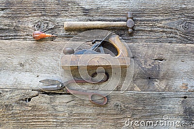 Overhead View of Antique Tools Used in Wood Shop Stock Photo