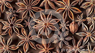 An overhead view of aromatic star anise pods arranged in a circular pattern. Generative Ai Stock Photo