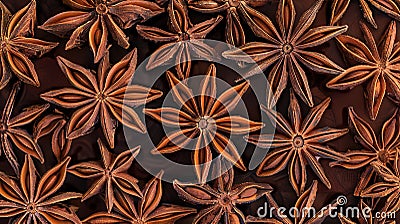An overhead view of aromatic star anise pods arranged in a circular pattern. Generative Ai Stock Photo