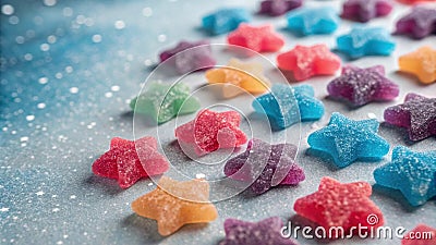 An overhead view of an array of small starshaped gummies arranged like a galaxy with each star in a rich spectrum of Stock Photo