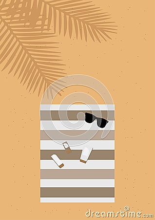 An overhead view of the beach during the summer holiday concept. Beach towel and sunscreen and sprays and sunglasses on it Stock Photo