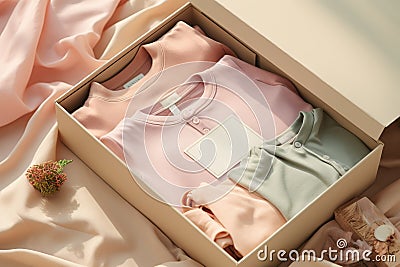 overhead view at card box with clothes inside. Sustainable fashion, resale used clothes. Stock Photo