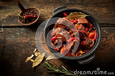 Overhead view of casserole full of hungarian goulash Stock Photo