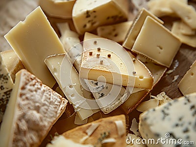 Overhead view of Cheese platter with different cheese cubes. Cheeses assorti Stock Photo