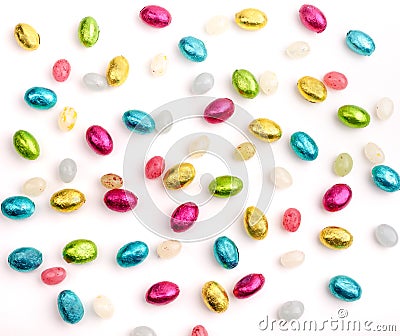 Overhead view of chocolate mini eggs and jelly beans Stock Photo