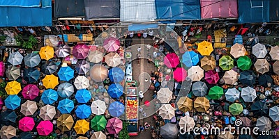 An overhead view of a crowd of people with umbrellas. Generative AI image. Stock Photo