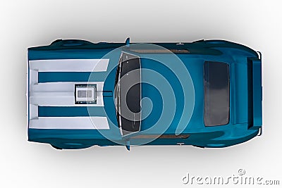 Overhead view 3D rendering of a blue and white 1970s vintage American muscle car isolated on a white background Cartoon Illustration