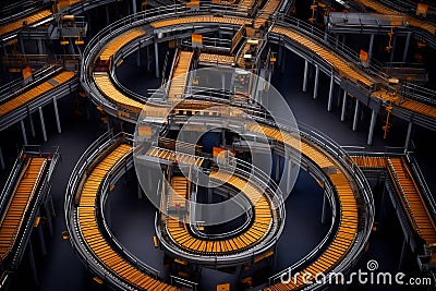 Overhead view of an empty warehouse factory conveyor belt production line. Generative ai Stock Photo