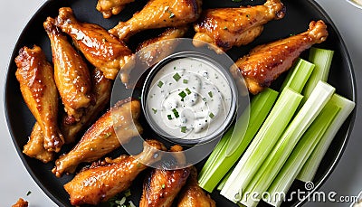Overhead view of four different flavored chicken wings with ranch dressing, beer, and celery sticks Stock Photo