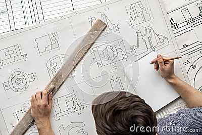 overhead view of graphic designer draw a graph b Stock Photo