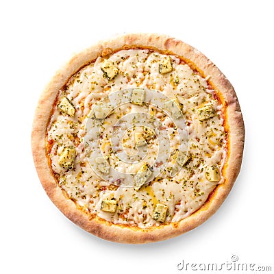 Overhead view isolated on white of a whole freshly baked delicious four cheeses Italian pizza on white background Stock Photo
