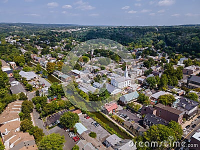 Overhead view of Lambertville New Jersey USA the small town residential suburban area with bridge across the river in the historic Stock Photo