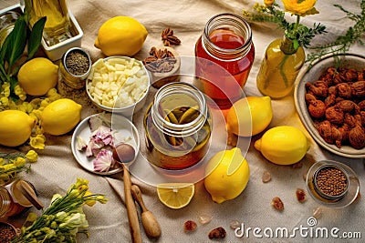 overhead view of lemonade ingredients on a table Stock Photo