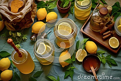 overhead view of lemonade ingredients on a table Stock Photo