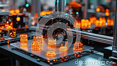An overhead view of a microfactory assembly line showcasing an array of 3Dprinted parts being meticulously arranged. The Stock Photo