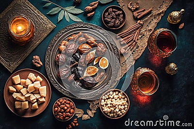 Overhead view on Muslim iftar breaking fast with dried dates, nuts and sweet drinks, with lantern lamp as decoration Stock Photo