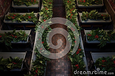 an overhead view of pews lined with holly wreathes Stock Photo