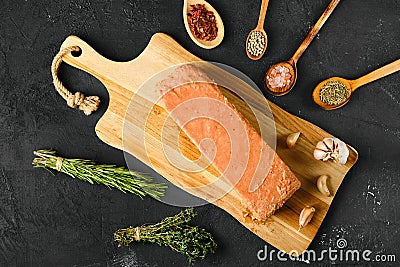 Overhead view of raw pieces of salmon pressed in briquette Stock Photo