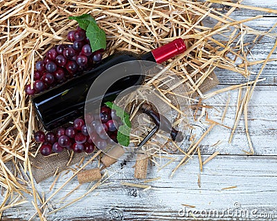 An unopen bottle of red wine plus grapes on top of straw and bur Stock Photo