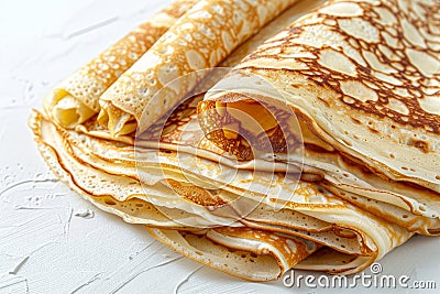 Overhead view of rolled pancakes on light surface with ample space for text placement Stock Photo