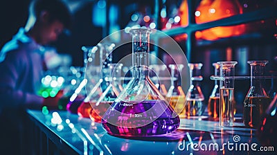 An overhead view of a science experiment setup on a table, showcasing various materials like test tubes, microscopes, and Stock Photo