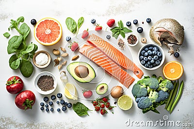 Overhead view on selection of superfoods consist of fruits, berries, seeds and green vegetables with high anti-oxidant Stock Photo