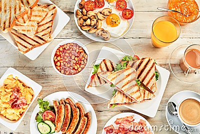 Overhead view of a table with english breakfast. Stock Photo