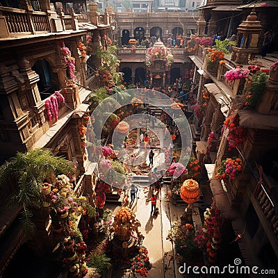 An overhead view of a temple or other religious site adorned with colorful flowers, banners, and d Stock Photo