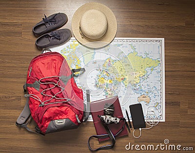 Overhead view of traveler accessories Stock Photo