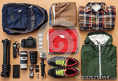 Overhead view of traveler`s accessories, essential vacation items, travel concept background Stock Photo