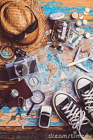 Overhead view of Traveler`s accessories, Essential vacation items, Travel concept background Stock Photo