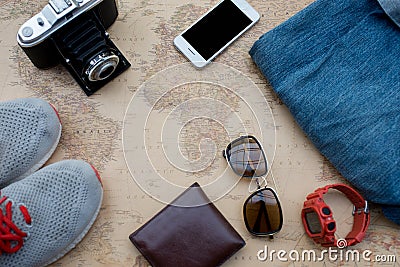 Overhead view of Traveler`s accessories Stock Photo