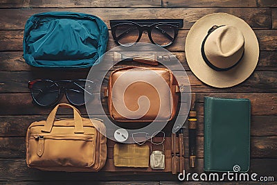 Overhead view of travelers accessories, essential items for adventurous journeys Stock Photo