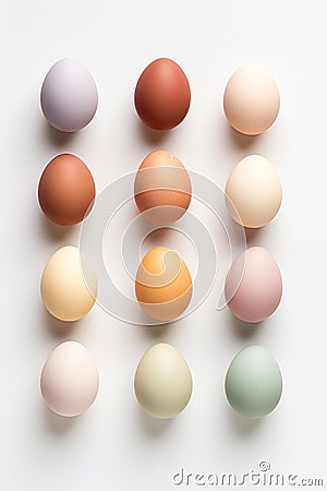 Overhead view of variety of multicolored eggs on white background. Easter Card Stock Photo