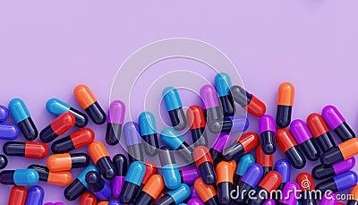 Medical supplies 3D render illustration. Top view of lots of pills with copy space. Medicine and healthcare concept Stock Photo