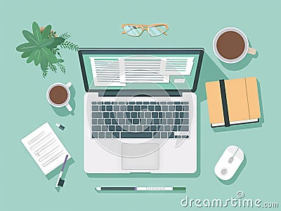 An overhead view of a virtual desk with an open laptop displaying an easytouse document editor surrounded by simple clean Stock Photo