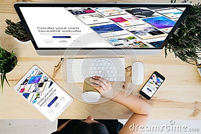 overhead view responsive design website builder Stock Photo