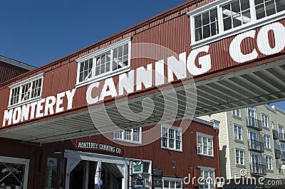 An overhead walkway crosses Cannery Row in Monterey, CA. Editorial Stock Photo