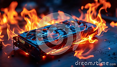 Overheated Graphics Card with Flames Symbolizing Hardware Failure and Intense Overclocking Stock Photo