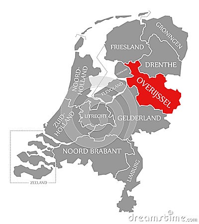 Overijssel red highlighted in map of Netherlands Cartoon Illustration