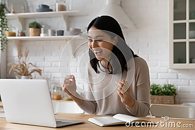 Overjoyed young korean woman reading email with amazing news. Stock Photo