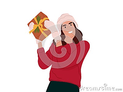 Overjoyed young woman holding a gift.Holiday gift ,giveaway, love ,congratulation..Christmas, New Year celebration Vector Stock Photo