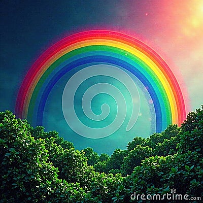 Overlapping rainbow segments, emerald trees below, curve, sky, segments Cartoon Illustration