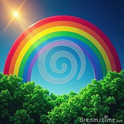 Overlapping rainbow segments, emerald trees below, overlay, vivid Stock Photo