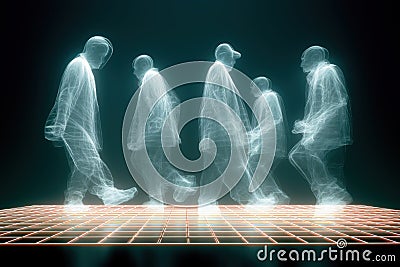 Quantum superposition visualized as multistate human floating above glowing atomic grid Stock Photo